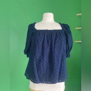 Pomander Place Tuckernuck Navy Blue Eyelet Iris Blouse Top Puff Sleeve